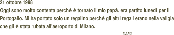 21 ottobre 1988
Oggi sono molto contenta perchè è tornato il mio papà, era partito lunedì per il Portogallo. Mi ha portato solo un regalino perchè gli altri regali erano nella valigia che gli è stata rubata all’aeroporto di Milano.
                                                                                                   ILARIA